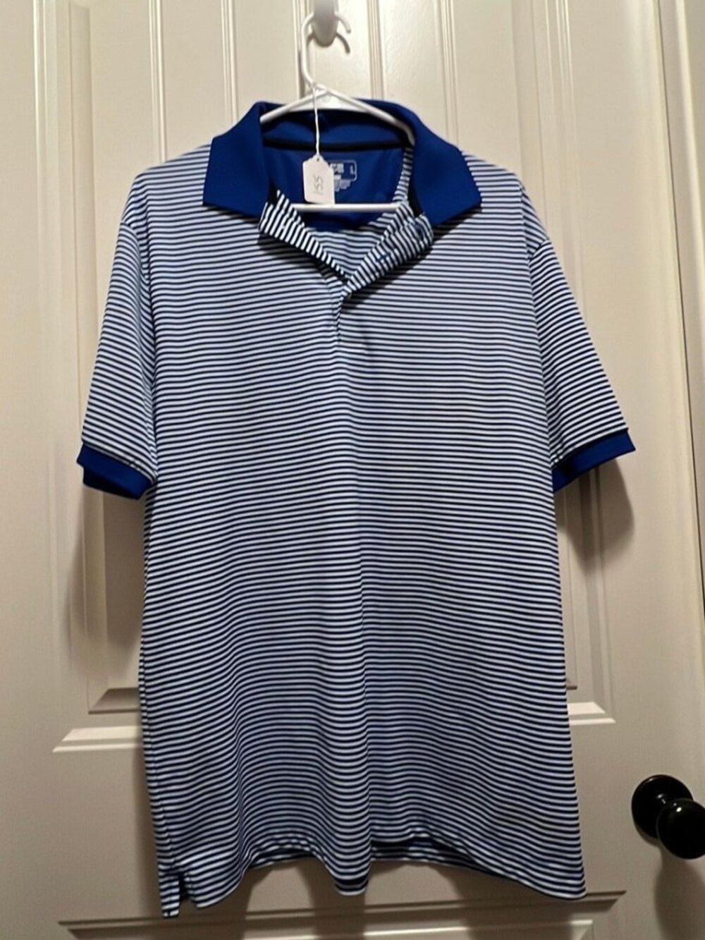 Men's Chaps Stay Dry Blue/White Stripe Polo Golf Shirt Size L